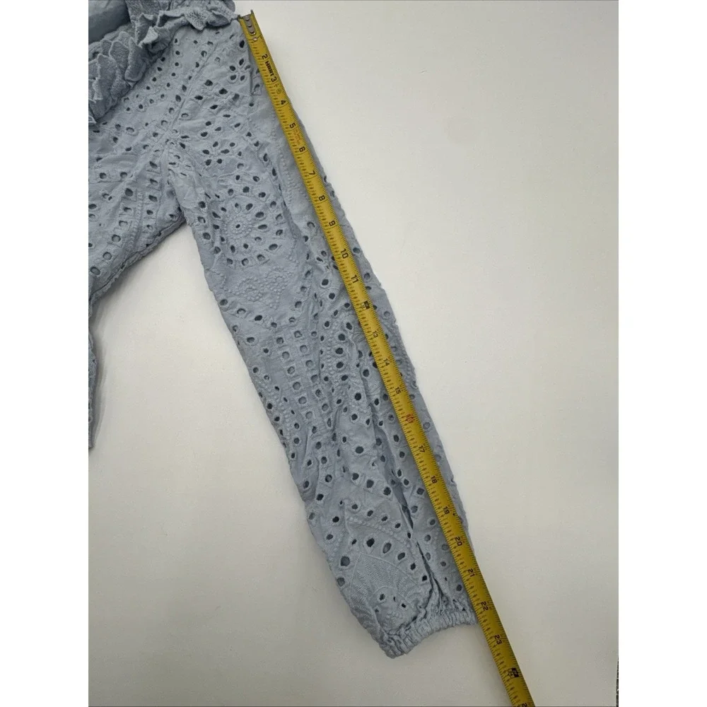Express Women's Small Light Blue Eyelet Ruffles Peplum V-Neck Long Sleeve Top